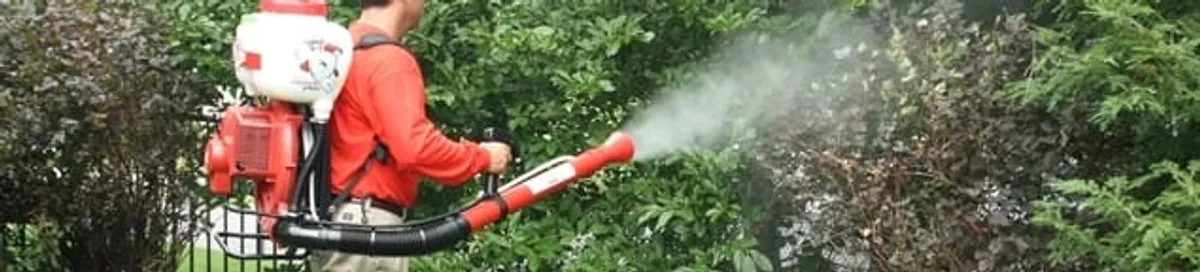 Mosquito control technician fogging shrubs and landscaping for mosquito treatment in Madison, WI