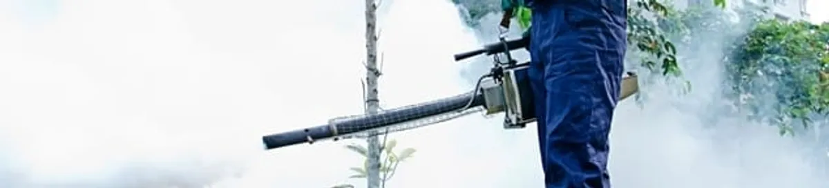 Pest control technician fogging an outdoor area for insect control in Madison, WI